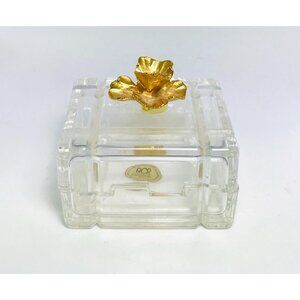 RCR Lead Crystal Trinket Box Gold Tone Flower Lid Italy Royal Crystal Rock Glass